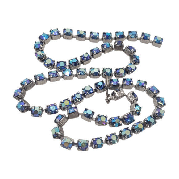 Vintage AB Aurora Borealis Blue Rhinestone Necklace Prong Set Hook Clasp Choker - Picture 1 of 7